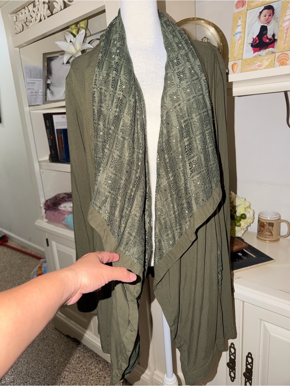 Olive Open-Front Draped Cardigan with Lace-Style Trim